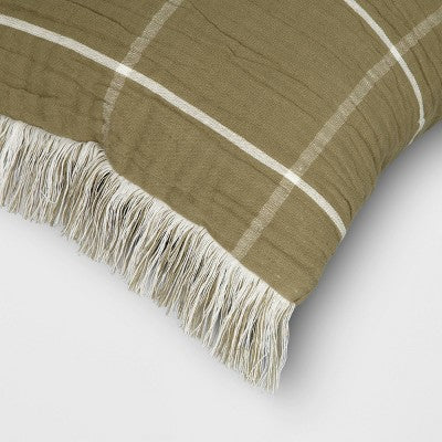 Oversized Cotton Gauze Grid Lumbar Throw Pillow Olive Green - Threshold™
