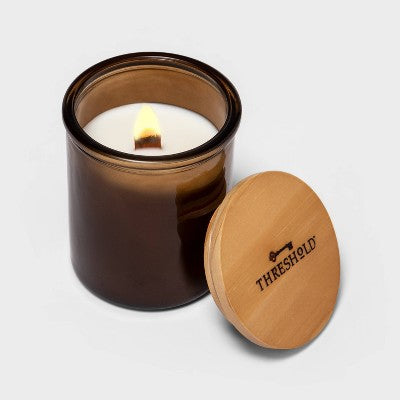 9oz Lidded Amber Glass Jar Crackling Wooden Wick Eucalyptus And Palm Candle - Threshold™