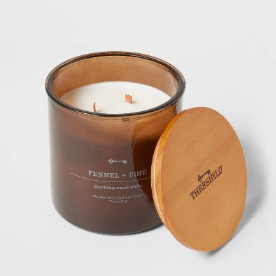 23oz XL 3-Wick Fennel + Pine Wooden Amber Glass With Wood Lid And Stamped Logo Amber Candle - Threshold™