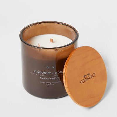 23oz XL 3-Wick Coconut + Honey Wooden Amber Glass With Wood Lid And Stamped Logo Amber - Threshold™