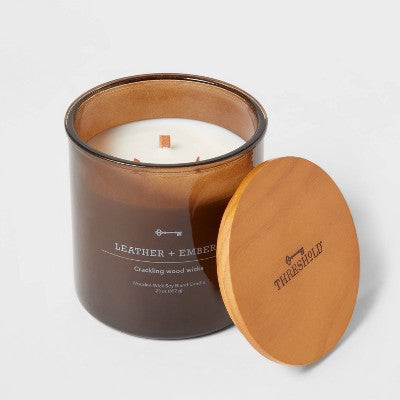 23oz XL 3-Wick Leather + Embers Wooden Amber Glass With Wood Lid And Stamped Logo Amber - Threshold™