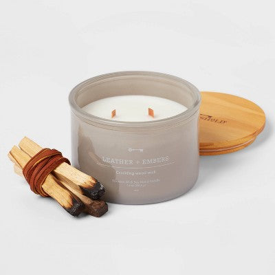 14oz Lidded Gray Glass Jar Crackling Wooden 3-Wick Candle With Clear Label Leather + Embers - Threshold™
