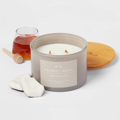 14oz Lidded Gray Glass Jar Crackling Wooden 3-Wick Candle With Paper Label Coconut And Honey - Threshold™