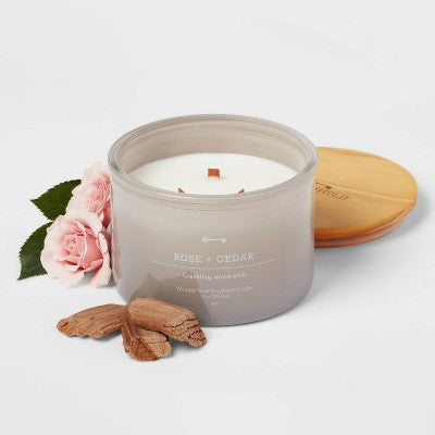 14oz Lidded Gray Glass Jar Crackling Wooden 3-Wick Candle With Clear Label Rose + Cedar - Threshold™
