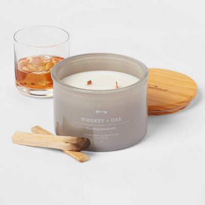 14oz Lidded Gray Glass Jar Crackling Wooden 3-Wick Candle With Clear Label Whiskey + Oak - Threshold™