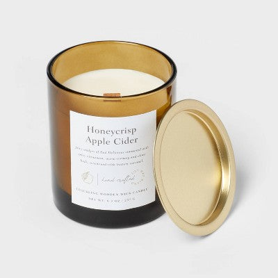  Clear Colored Glass With Woodwick And Brass Metal Inset Lid Honeycrisp Apple Cider Candle Yellow - Threshold™