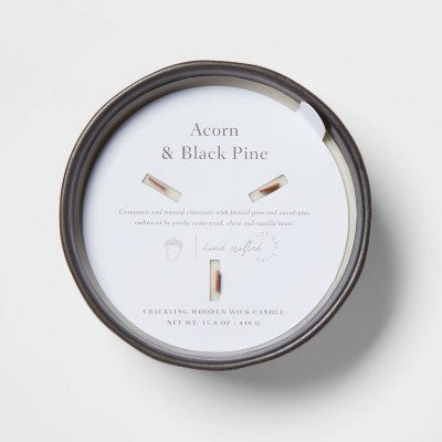  16oz Blackened Bowl Ceramic With Multi Woodwick And Dustcover Acorn + Pine Candle Black - Threshold™