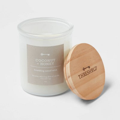  9oz Milky White Glass Woodwick Candle With Wood Lid And Stamped Logo Coconut And Honey - Threshold™