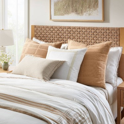  Euro Cotton Slub Border Applique Decorative Throw Pillow White/Camel - Threshold™ Designed With Studio McGee: Square Indoor Pillow
