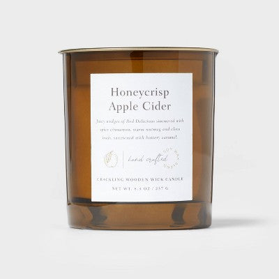  Clear Colored Glass With Woodwick And Brass Metal Inset Lid Honeycrisp Apple Cider Candle Yellow - Threshold™