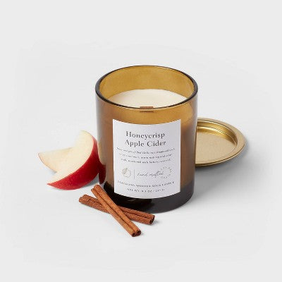  Clear Colored Glass With Woodwick And Brass Metal Inset Lid Honeycrisp Apple Cider Candle Yellow - Threshold™