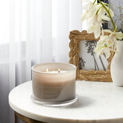 14oz Lidded Gray Glass Jar Crackling Wooden 3-Wick Candle With Clear Label Eucalyptus + Palm - Threshold™