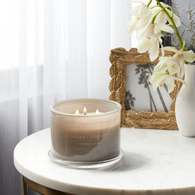  14oz Lidded Gray Glass Jar Crackling Wooden 3-Wick Candle With Clear Label Vanilla + Bergamot - Threshold™