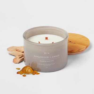  14oz Lidded Gray Glass Jar Crackling Wooden 3-Wick Candle With Clear Label Applewood + Amber - Threshold™