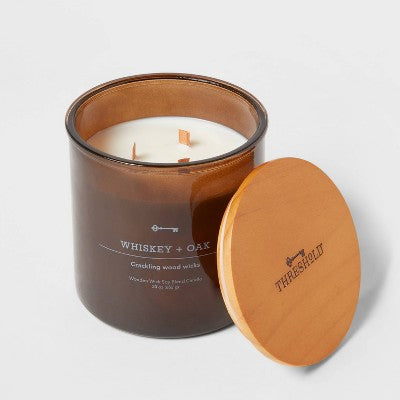  23oz XL 3-Wick Whiskey + Oak Wooden Amber Glass With Wood Lid And Stamped Logo Amber - Threshold™