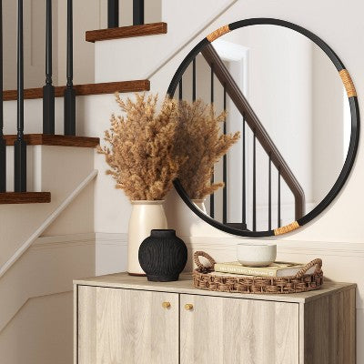  30" Metal/Rattan Wrap Wall Mirror Black - Threshold™