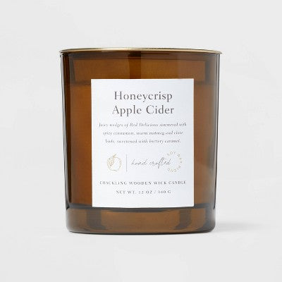  Clear Colored Glass With Woodwick And Brass Metal Inset Lid Honeycrisp Apple Cider Candle Yellow - Threshold™