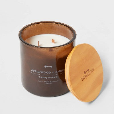  23oz XL 3-Wick Applewood + Amber Wooden Amber Glass With Wood Lid And Stamped Logo Amber - Threshold™