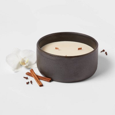  16oz Blackened Bowl Ceramic With Multi Woodwick And Dustcover Warm Cider + Cinnamon Candle Black - Threshold™