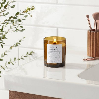  Clear Colored Glass With Woodwick And Brass Metal Inset Lid Honeycrisp Apple Cider Candle Yellow - Threshold™