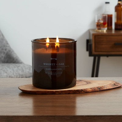  23oz XL 3-Wick Whiskey + Oak Wooden Amber Glass With Wood Lid And Stamped Logo Amber - Threshold™