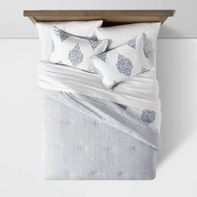  Reversible Medallion Family-Friendly Comforter & Sham Set White/Blue - Threshold™