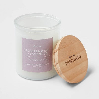  9oz Milky White Glass Woodwick Candle With Wood Lid And Stamped Logo Coastal Wind And Lavender - Threshold™