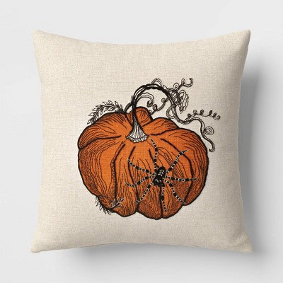  Pumpkin With Spider Cotton Square Halloween Throw Pillow Ivory - Threshold™