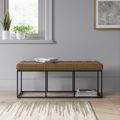  Trubeck Tufted Metal Base Bench Faux Leather Brown - Threshold™