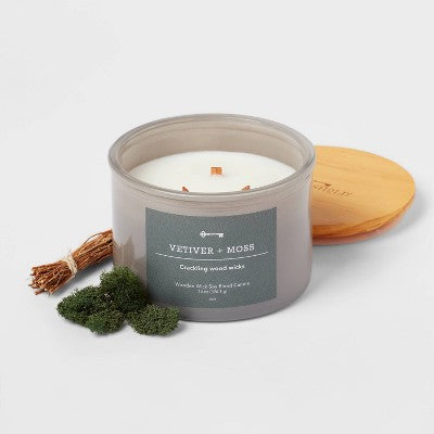  14oz Lidded Gray Glass Jar Crackling Wooden 3-Wick Candle With Paper Label Vetiver + Moss - Threshold™