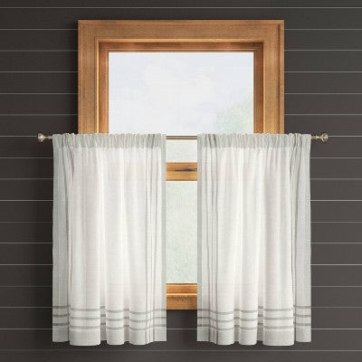  2pk 42"x36" Light Filtering Stripe Border Curtain Tiers Cream/Gray - Threshold™