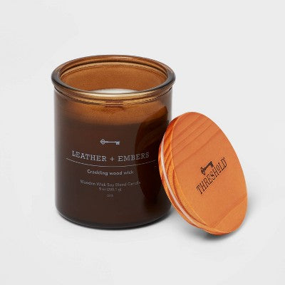  9oz Lidded Glass Jar Crackling Wooden Wick Candle Leather And Embers - Threshold™