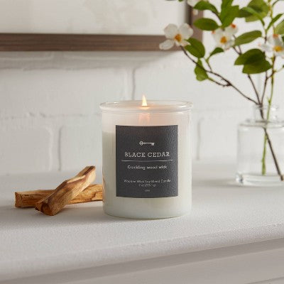  9oz Milky White Glass Woodwick Candle With Wood Lid And Stamped Logo Black Cedar - Threshold™