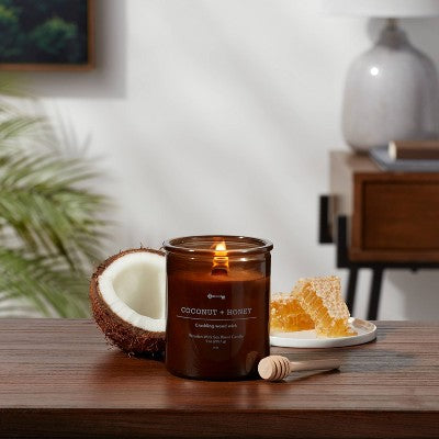  9oz Lidded Glass Jar Crackling Wooden Wick Candle Coconut And Honey - Threshold™