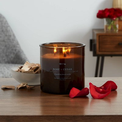  23oz XL 3-Wick Rose + Cedar Wooden Amber Glass With Wood Lid And Stamped Logo Amber - Threshold™