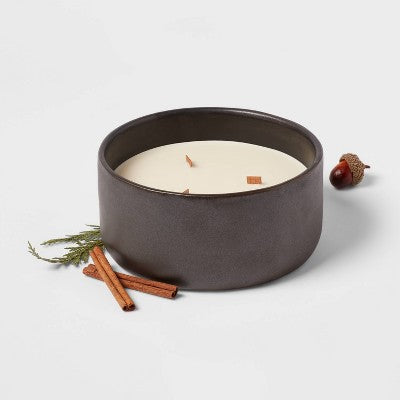  16oz Blackened Bowl Ceramic With Multi Woodwick And Dustcover Acorn + Pine Candle Black - Threshold™