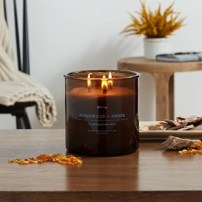  23oz XL 3-Wick Applewood + Amber Wooden Amber Glass With Wood Lid And Stamped Logo Amber - Threshold™