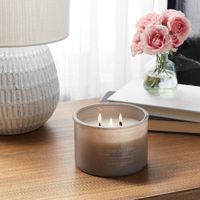  14oz Lidded Gray Glass Jar Crackling Wooden 3-Wick Candle With Clear Label Femmel + Pine - Threshold™