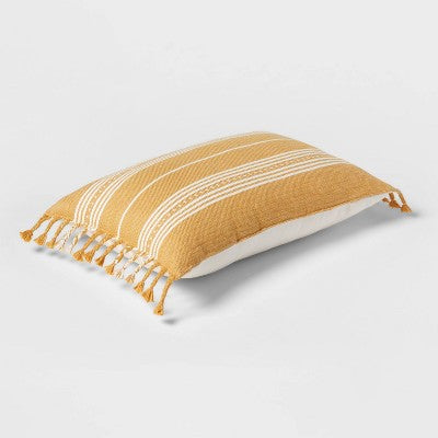  Oblong Woven Stripe Braided Fringe Decorative Throw Pillow Dark Gold - Threshold™