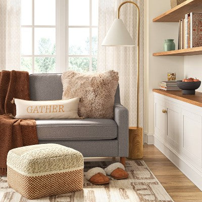  Oversized Gather Embroidered Lumbar Throw Pillow Cream - Threshold™
