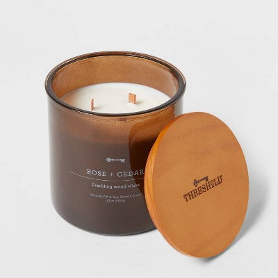  23oz XL 3-Wick Rose + Cedar Wooden Amber Glass With Wood Lid And Stamped Logo Amber - Threshold™