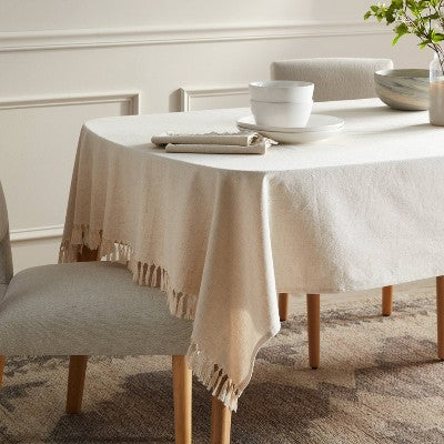  60" X 104" Cotton Slub Tablecloth With Tied Fringe Light Beige - Threshold™