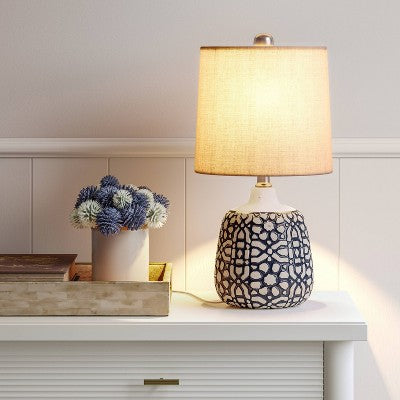  17.5"x9" Assembled Ceramic Table Lamp Blue - Threshold™: Bud-Shaped Base, Off-White Drum Shade, UL Listed