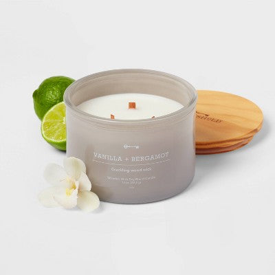  14oz Lidded Gray Glass Jar Crackling Wooden 3-Wick Candle With Clear Label Vanilla + Bergamot - Threshold™