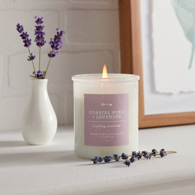  9oz Milky White Glass Woodwick Candle With Wood Lid And Stamped Logo Coastal Wind And Lavender - Threshold™