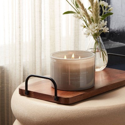  14oz Lidded Gray Glass Jar Crackling Wooden 3-Wick Candle With Clear Label Applewood + Amber - Threshold™