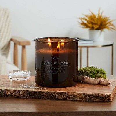  23oz XL 3-Wick Ocean Air + Moss Wooden Amber Glass With Wood Lid And Stamped Logo Amber - Threshold™