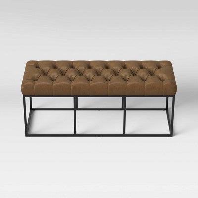  Trubeck Tufted Metal Base Bench Faux Leather Brown - Threshold™