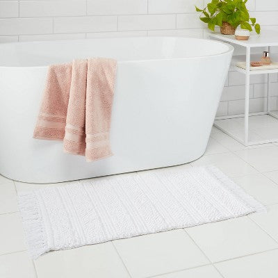 20"x32" Knit Striped Chenille Bath Rug Fringe White - Threshold™
