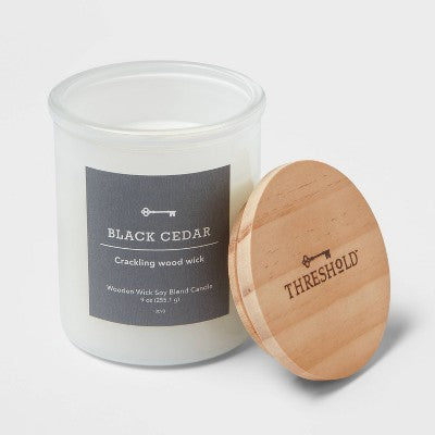 9oz Milky White Glass Woodwick Candle With Wood Lid And Stamped Logo Black Cedar - Threshold™